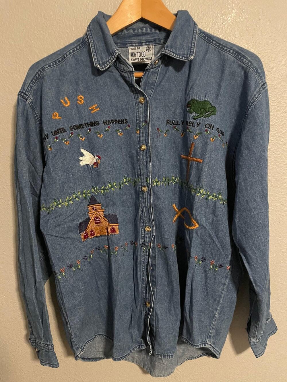 Way To Go Shirt Mens Medium Blue Denim Embroidered Christian Church Jesus READ